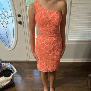 One shoulder neon Coral Sequin Homecoming/Party dress